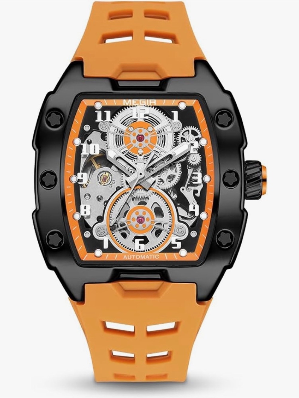 MEGIR Orange & Black Skeleton Automatic Watch